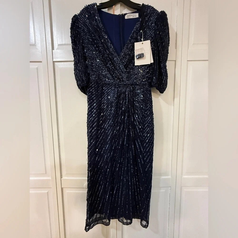 NWT|Mac Duggal Midnight Navy Sequined V-Neck Short Puff Sleeve Midi Dress Size 8 - Picture 1 of 9